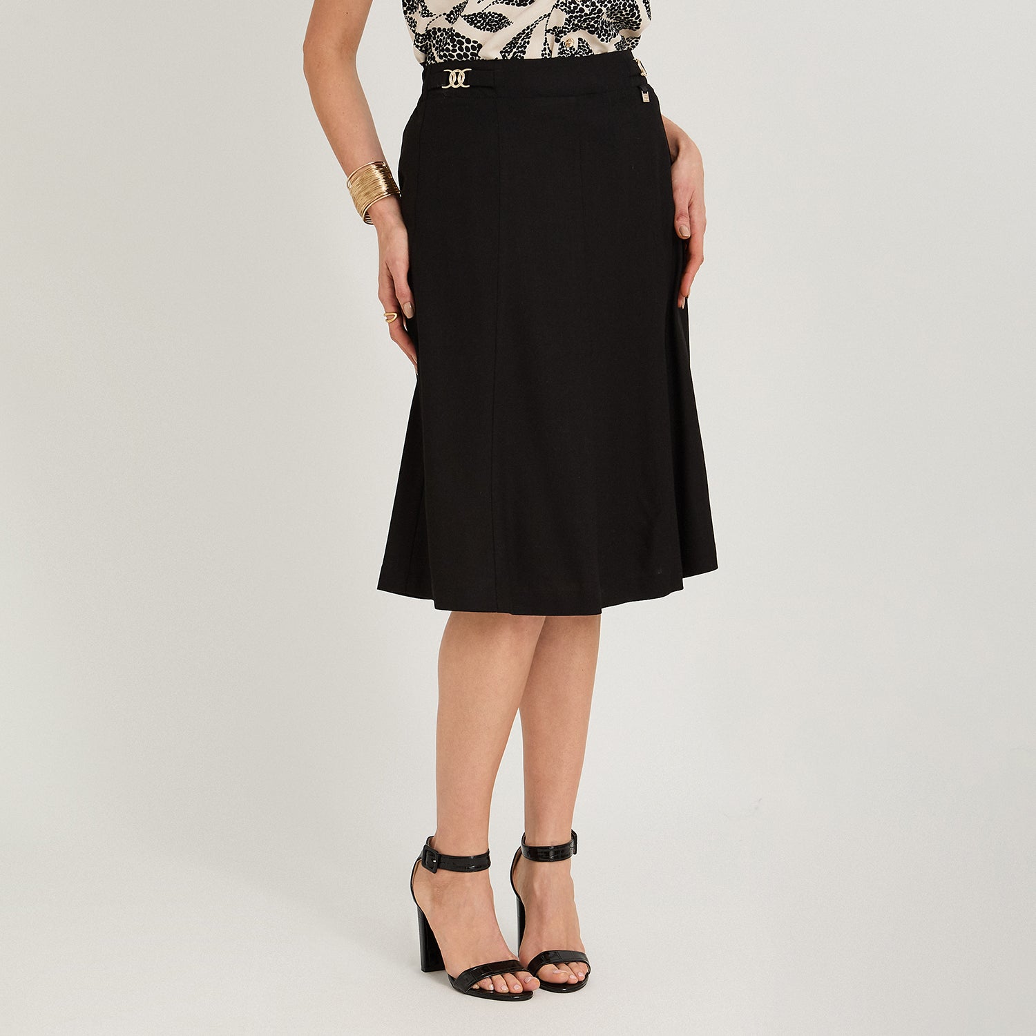 Falda de Lino Midi con Hebilla Metálica Negro